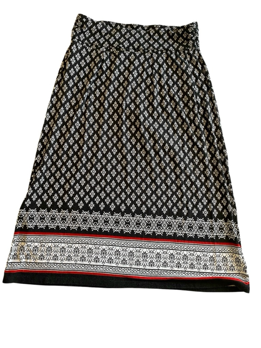 Liz Claiborne Cottagecore Boho Midi Skirt Black Floral Border Romantic Stretch S - Picture 2 of 7